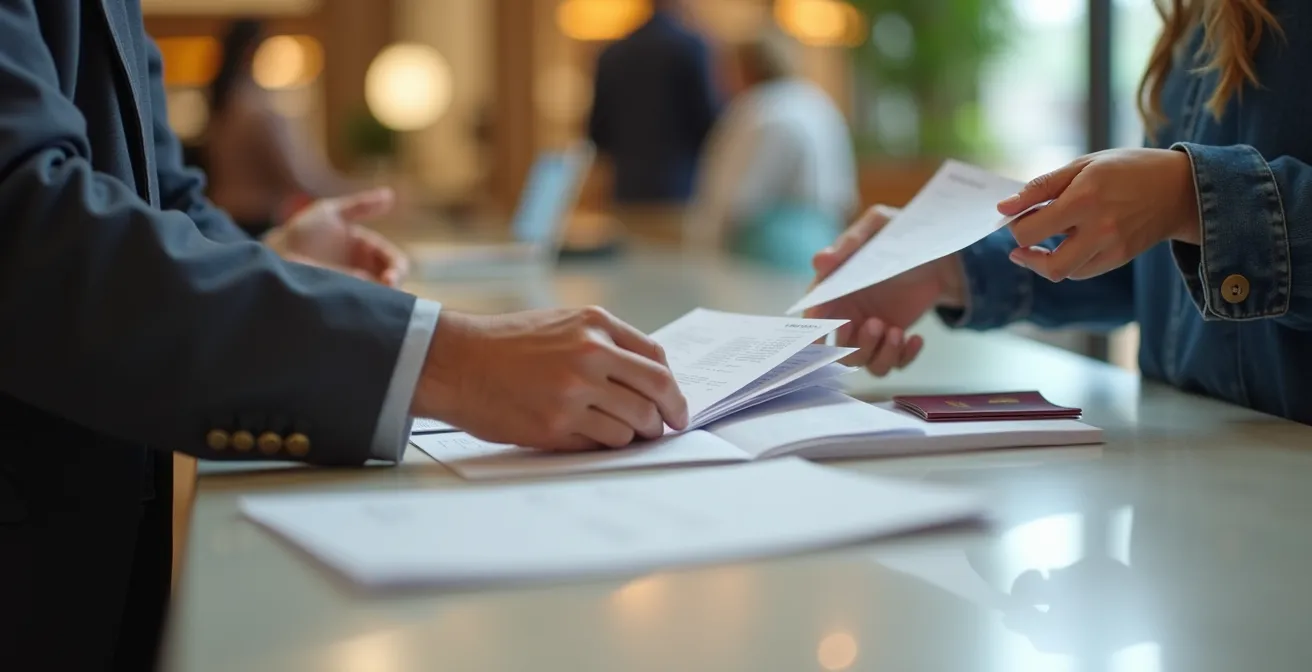 Turista internacional procesando documentos de tax free en punto de información