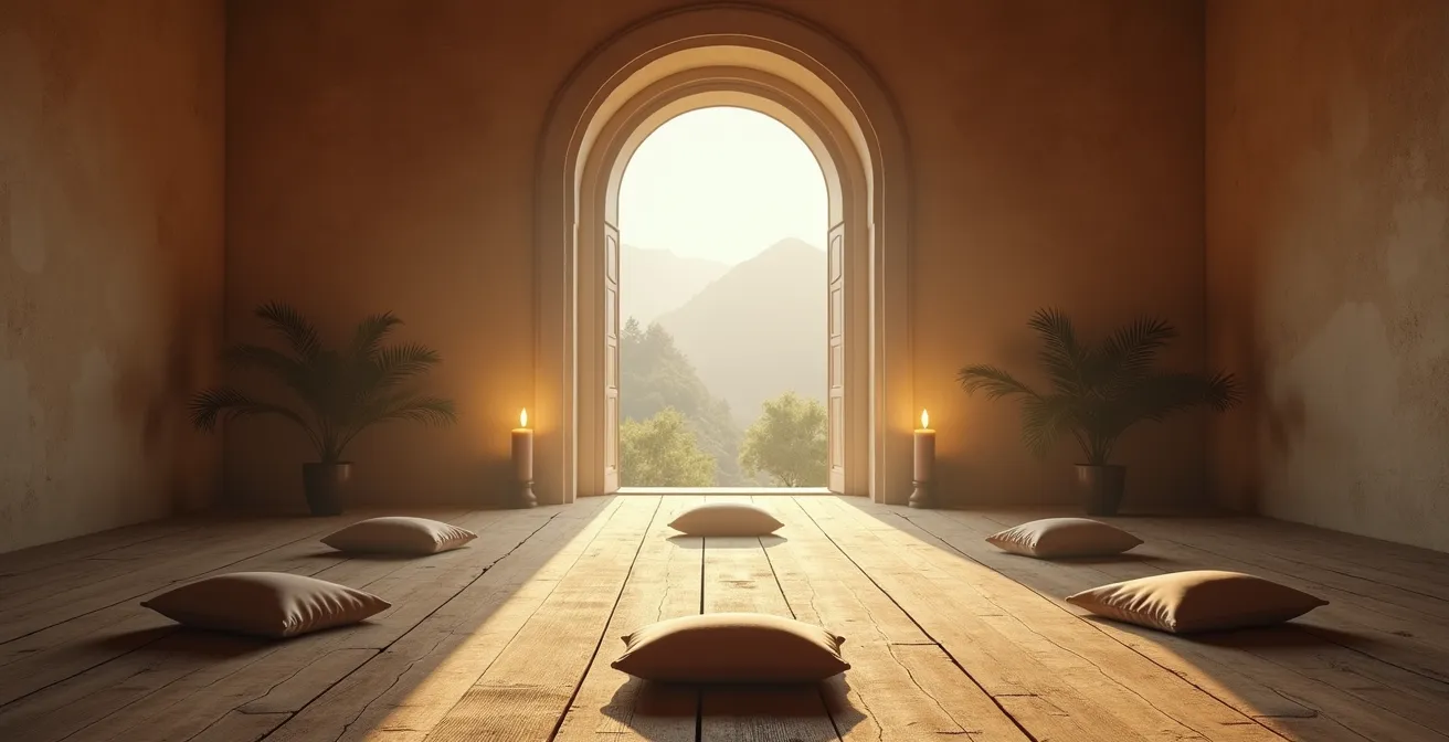 Espacio de meditación minimalista en hotel rural español con vistas a montañas