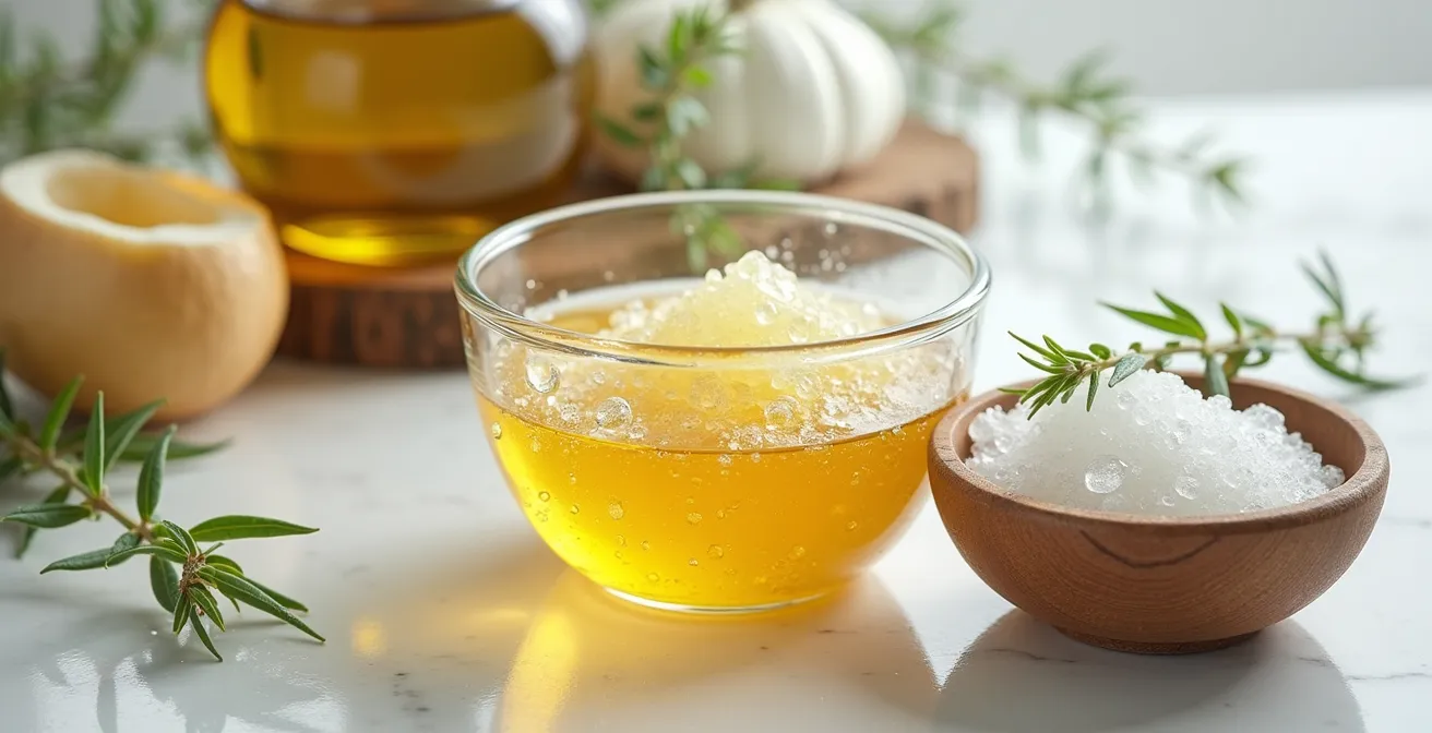 Productos de farmacia española y remedios naturales dispuestos en baño de hotel