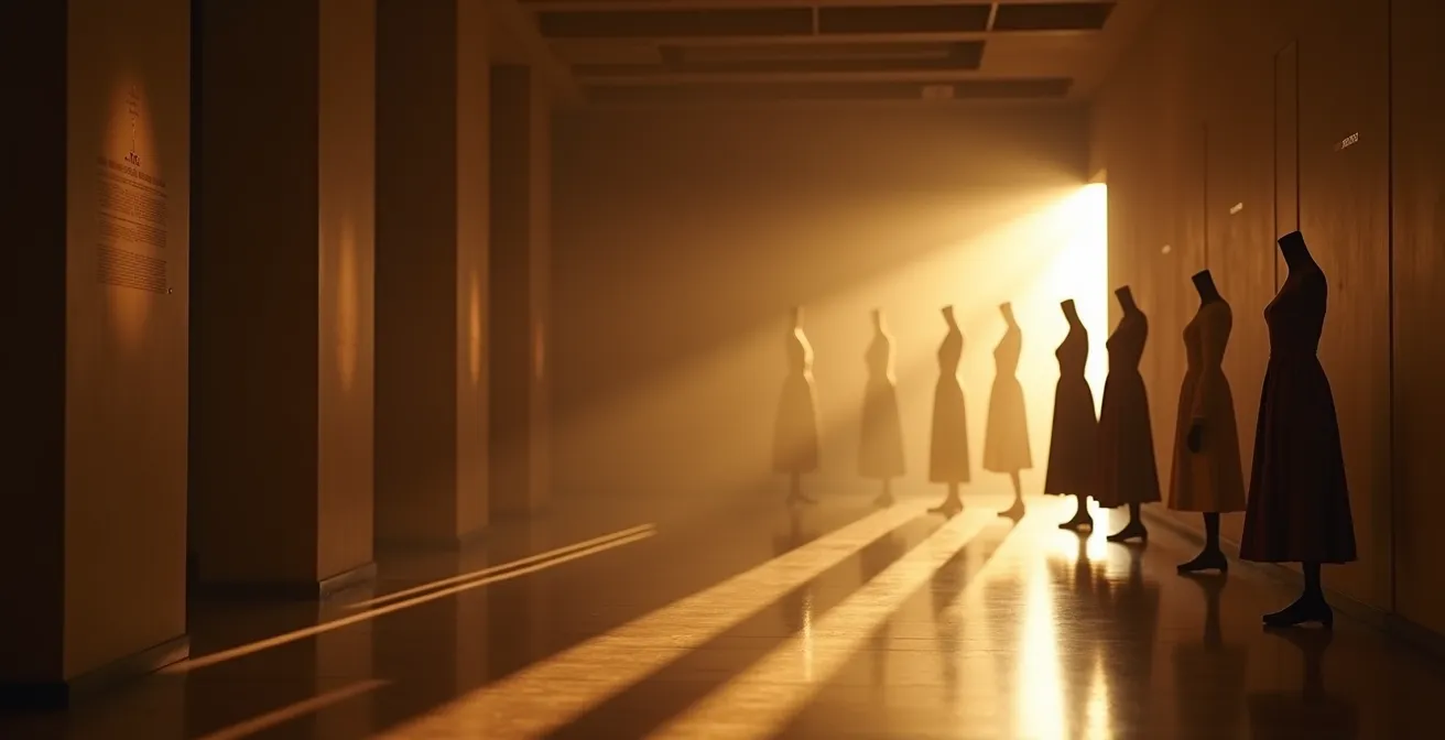 Sala de exposición de moda vacía con iluminación dramática sobre vestidos históricos