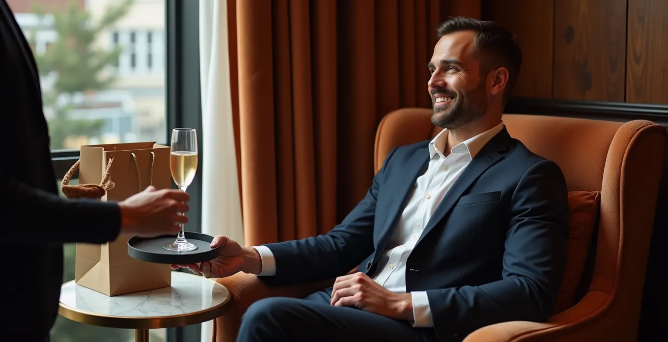 Elegante salón privado de boutique con mesa de mármol y ambiente sofisticado