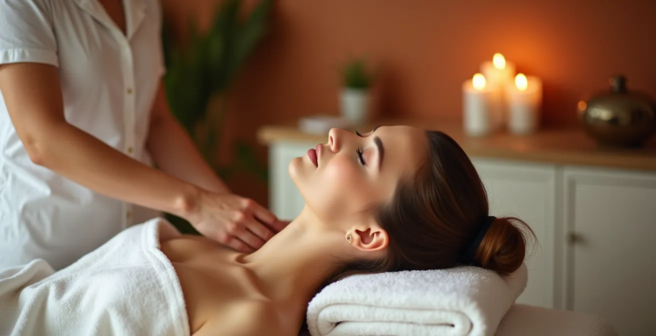 Vista amplia de sala de tratamiento spa con mesa de masaje y ambiente sereno post-viaje