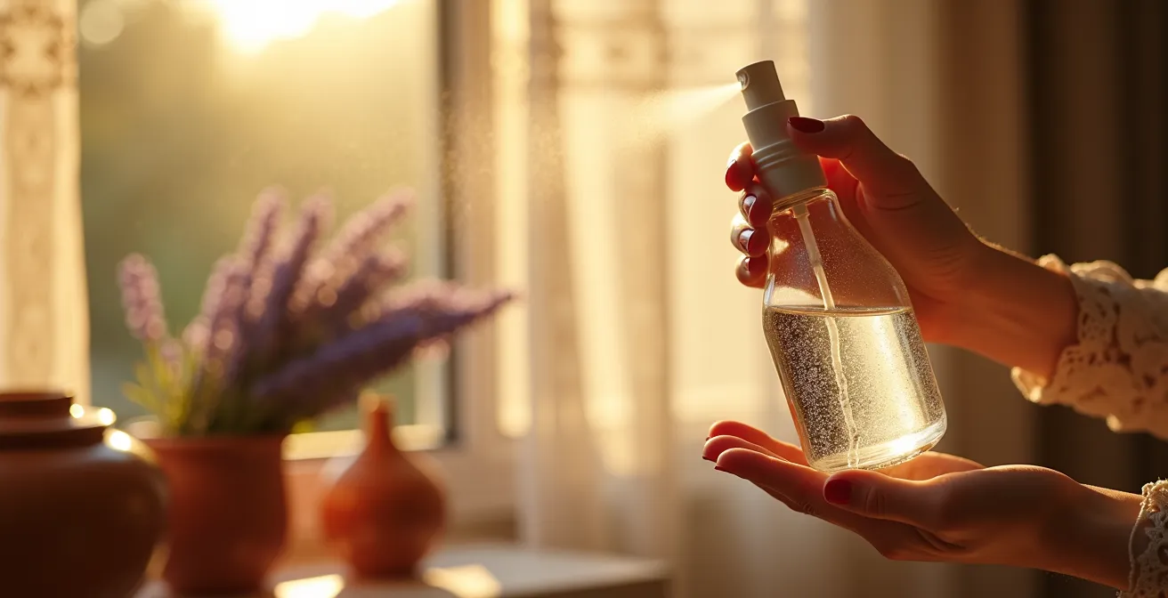 Manos rociando esencia aromática en habitación de hotel mediterráneo con luz dorada