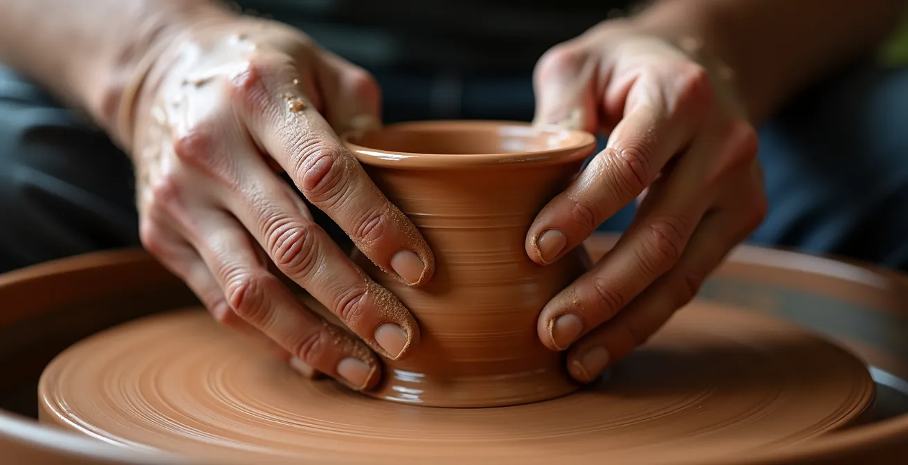 Detalle macro de manos trabajando arcilla en taller de alfarería español