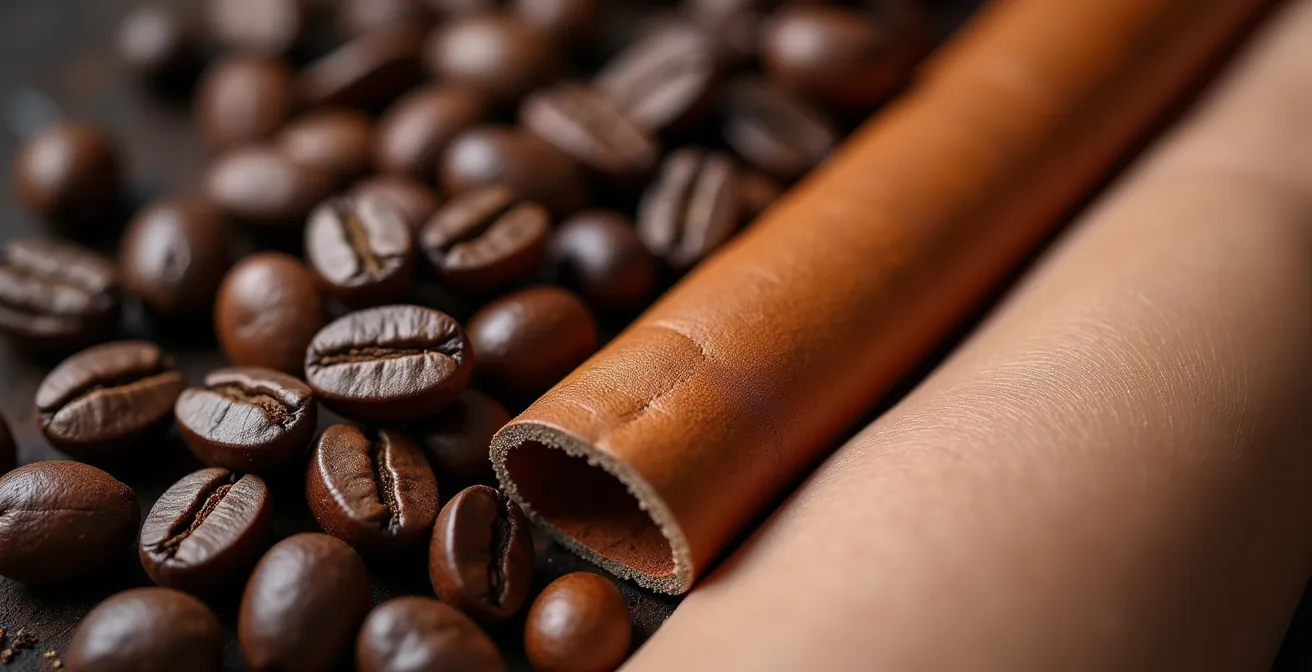 Primer plano macro de granos de café, cuero natural y piel humana en composición minimalista