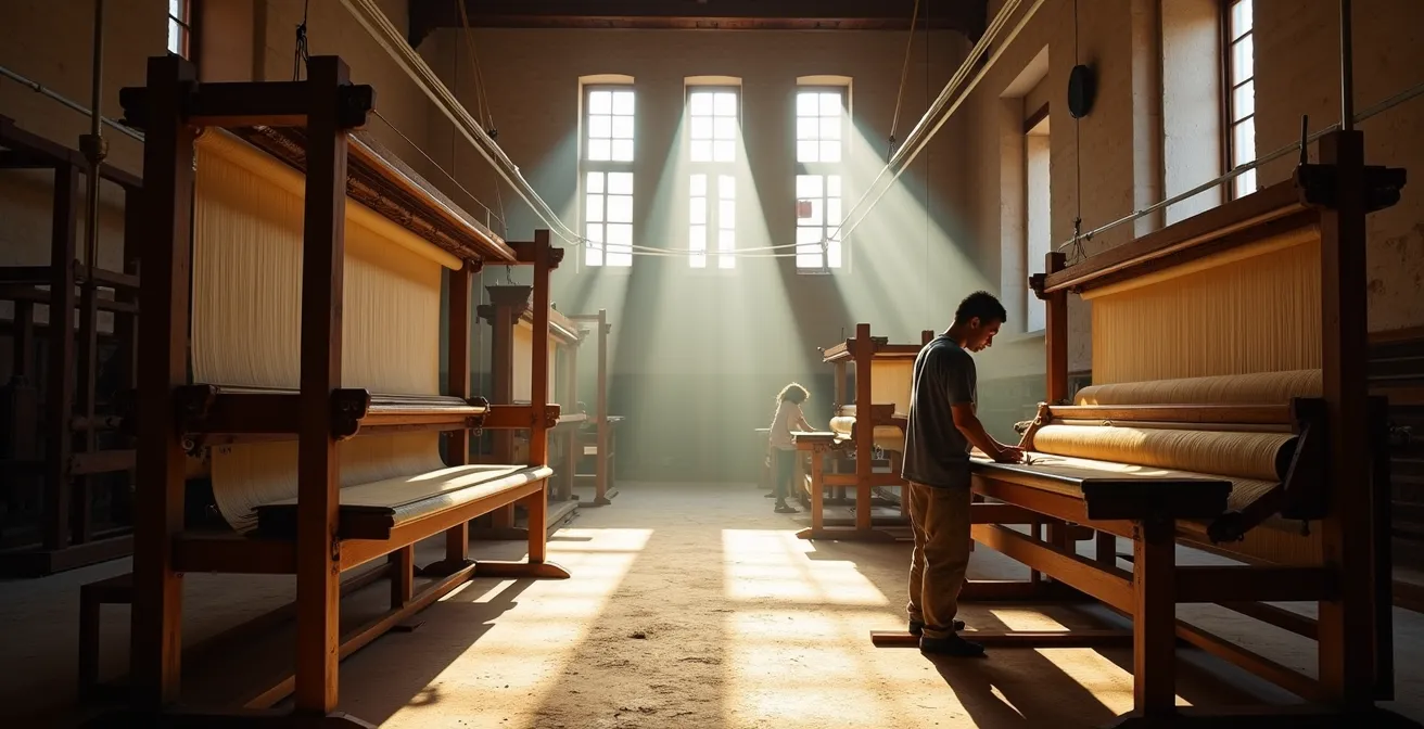 Interior de taller histórico con telares de seda tradicionales valencianos