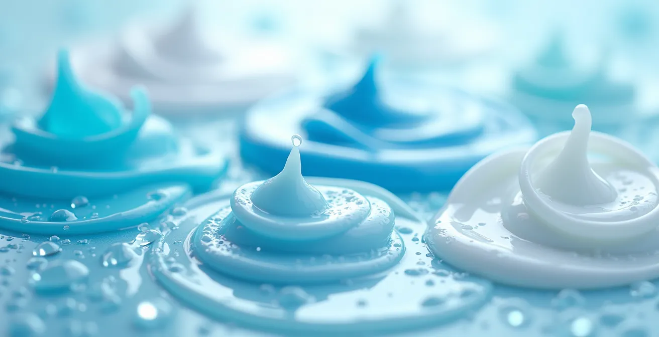 Diferentes texturas de cremas y geles cosméticos mostradas en abstracto sobre superficie húmeda