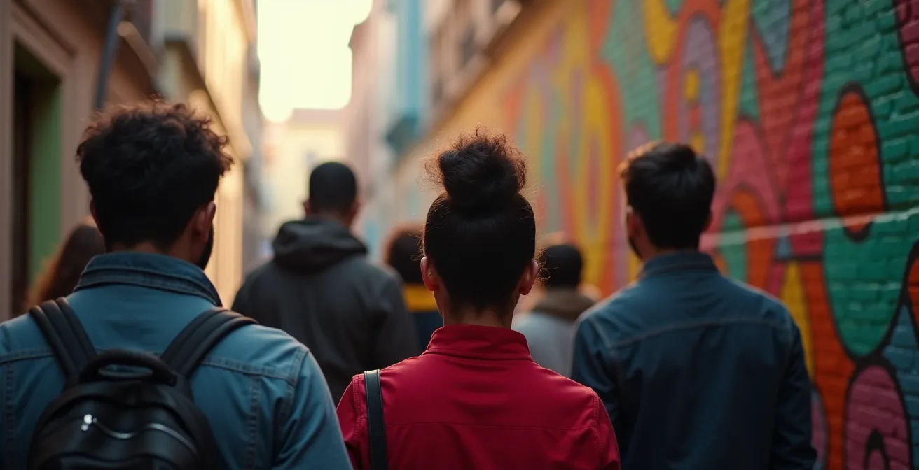 Grupo de visitantes con guía observando mural en callejón estrecho del barrio de Lavapiés