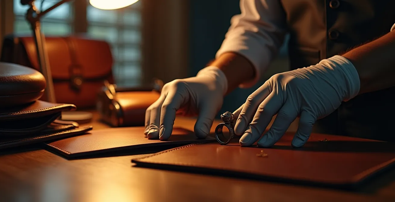 Proceso de autenticación profesional de artículos de lujo con lupa y herramientas especializadas