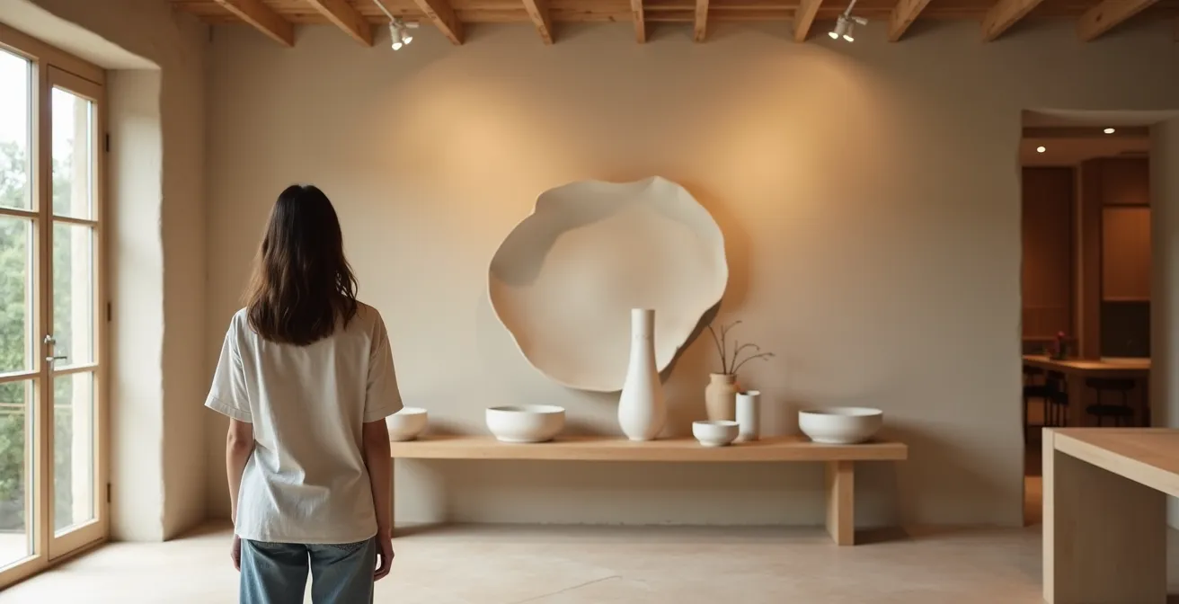 Persona observando tranquilamente una obra de arte en un espacio comercial elegante