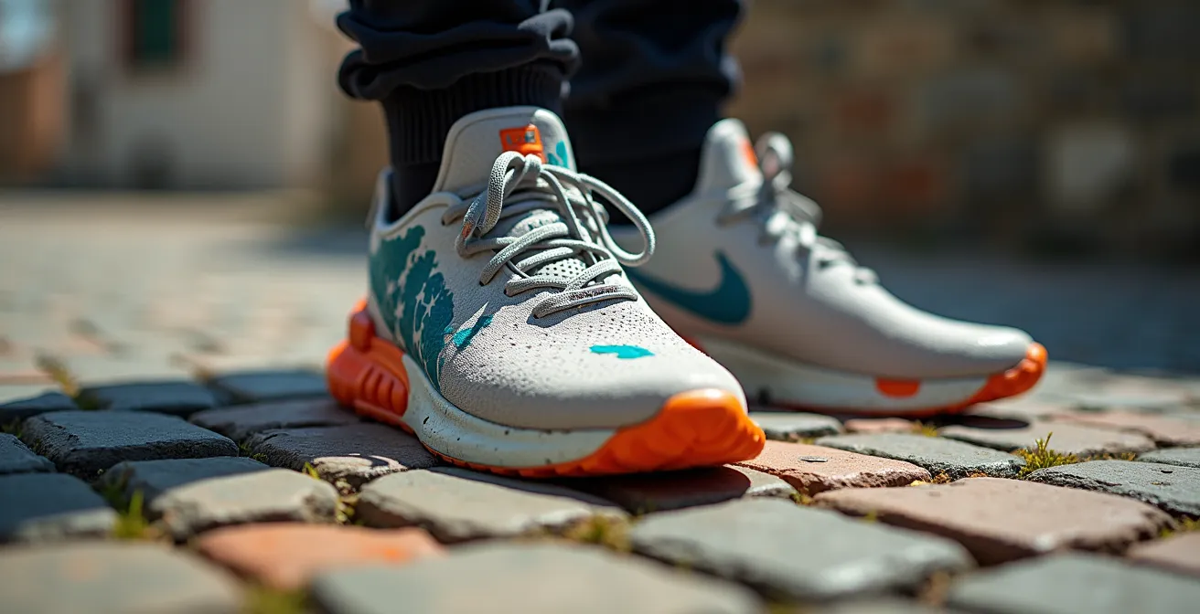 Detalle macro de zapatillas deportivas con salpicaduras de pintura sobre adoquines históricos